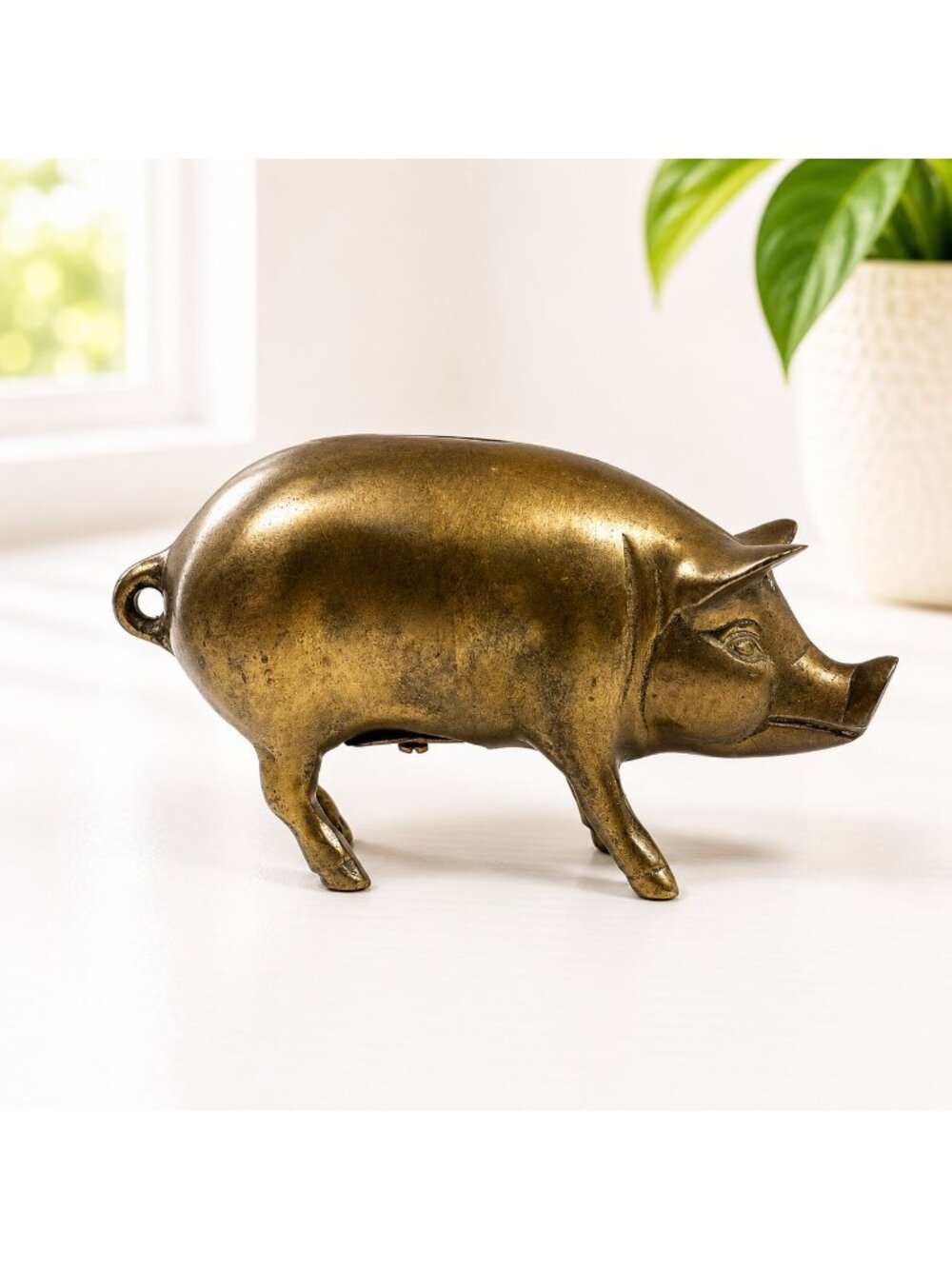 Brass Piggy Bank Coin Holder With Vintage Patina - 7.5" Long 4" Tall Screw Cap A